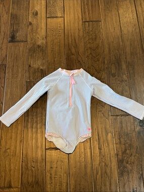 Ruffle Butts Pink-Trimmed Blue and White Striped One-Piece